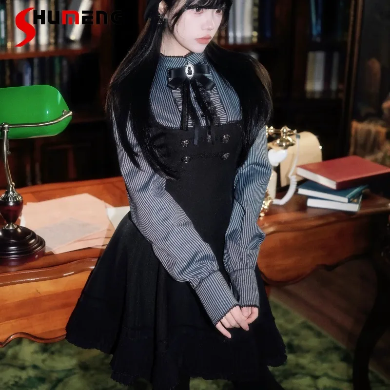 

2026 Autumn Winter A Line Short Dress Japanese Style Lolita Design New Striped Splicing Six Piece Cut High Waist Dresses Women
