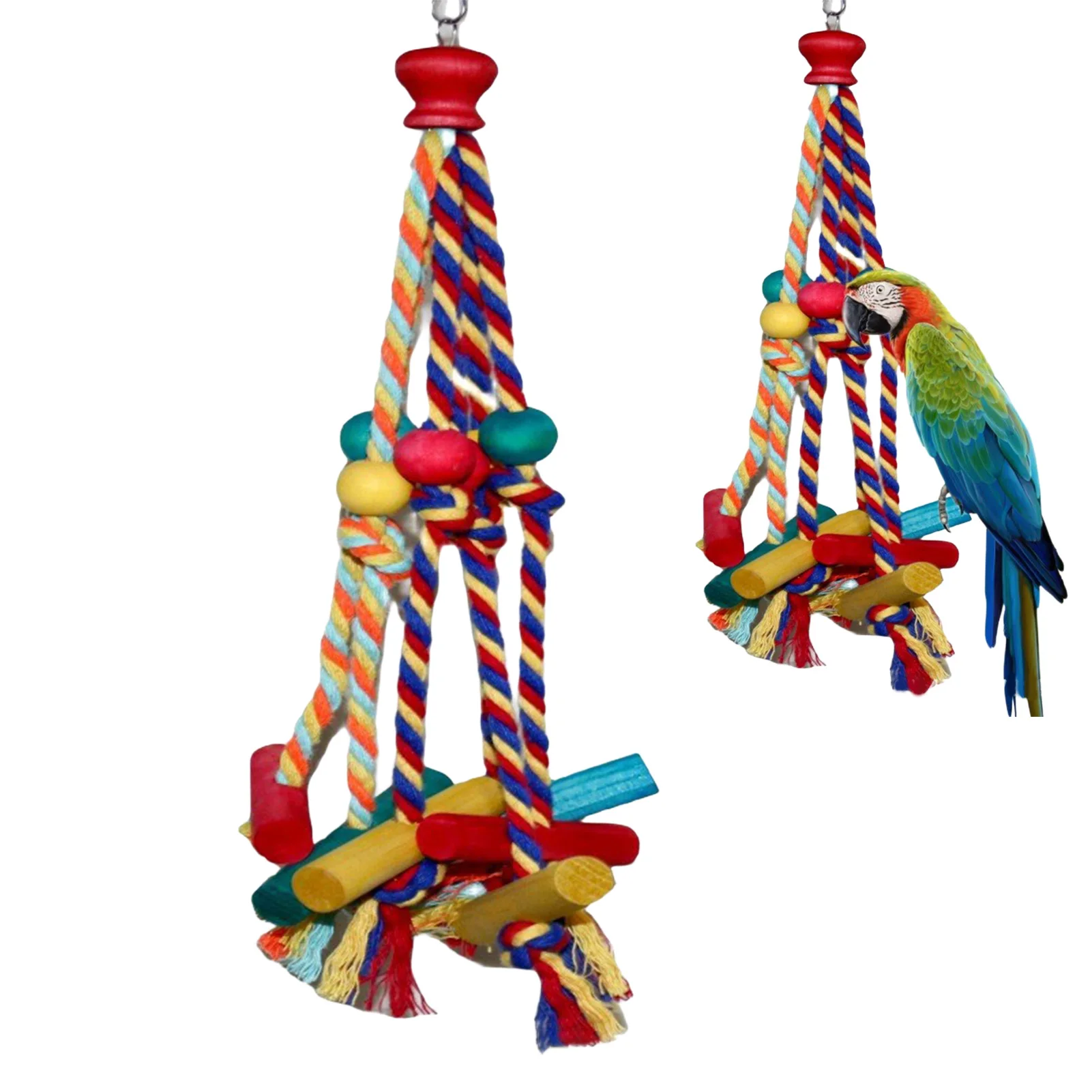 Jaula colgante de cuerda para escalar pájaros, juguetes para masticar, juguetes para masticar pájaros de madera Natural multicolor para bollos de cacatúa Conure