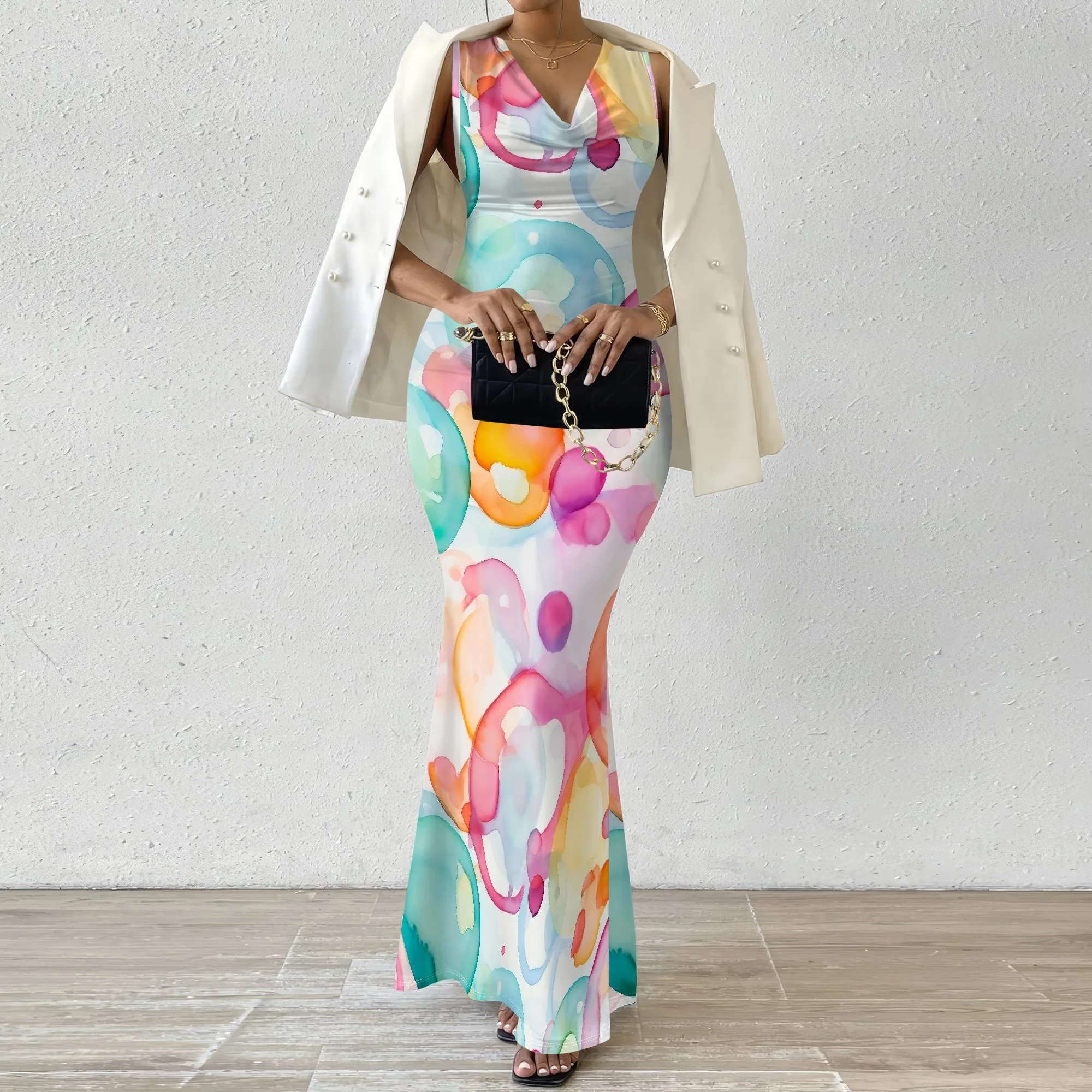 

Women's Sleeveless Gradient Bubble Maxi Dress XS-3XL 2025 V Neck Bodycon Long Dress for Summer Wedding Party Look