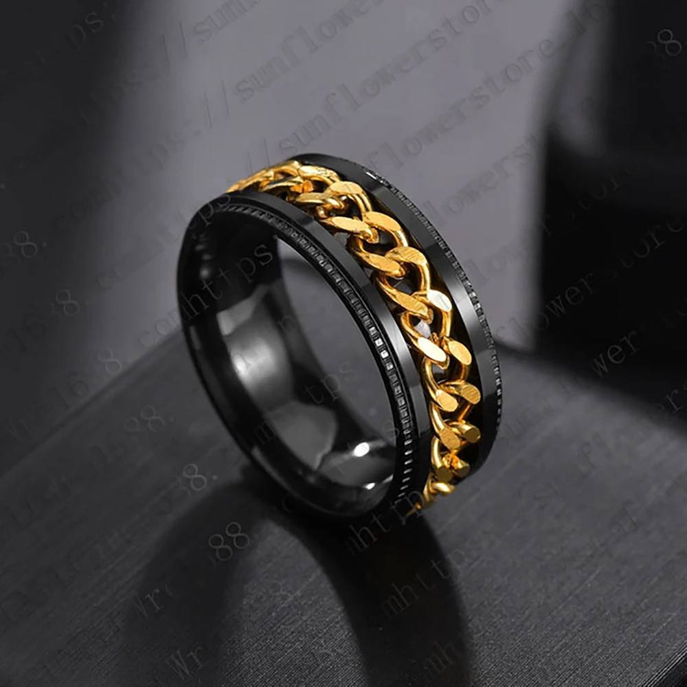 Stainless Steel Rings Cool Black Spinner Chain Ring for Men Tire Texture Rotatable Links Punk Male Anel