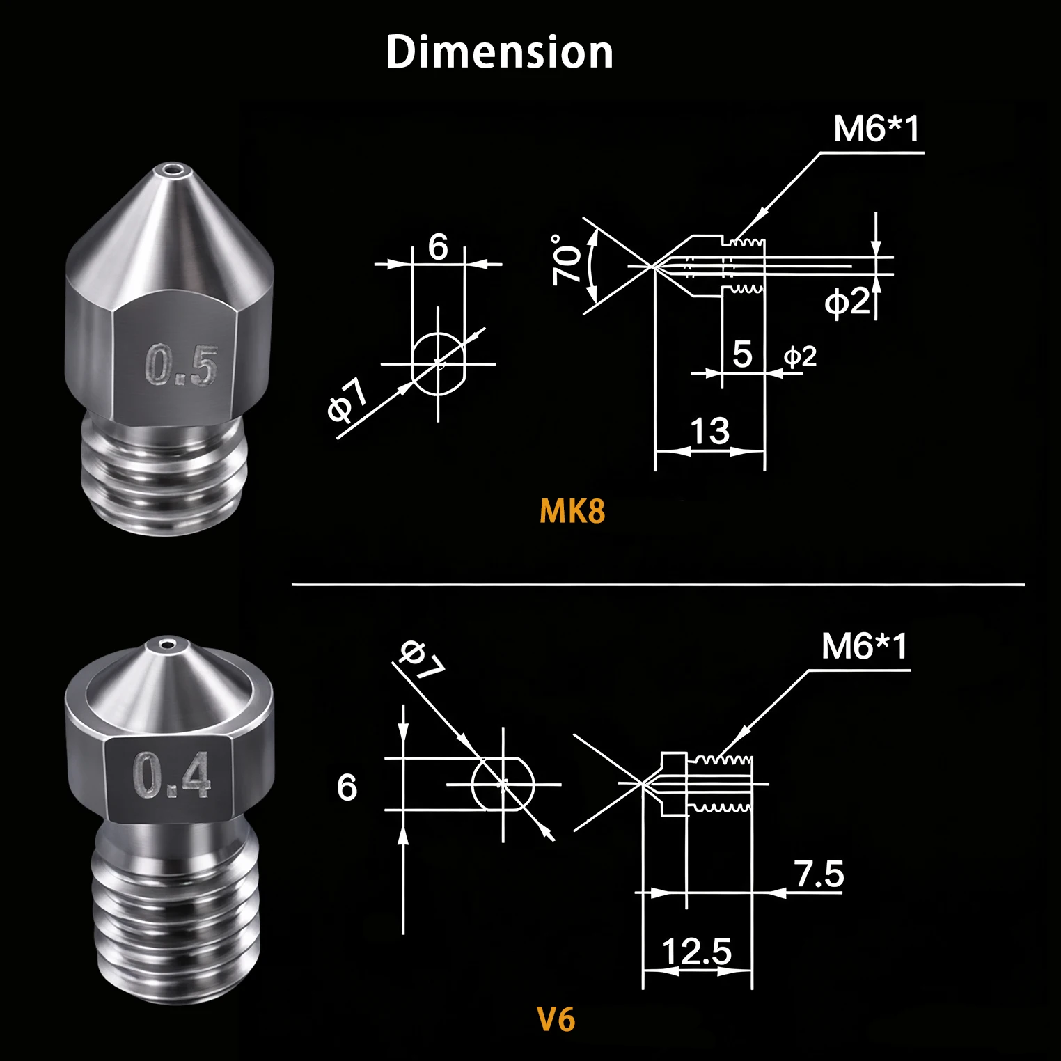 Hardened Steel Die Steel Nozzle for MK8 CR10 V6 M6 Thread Extruder Hotend Nozzle 1.75mm Filament view 4