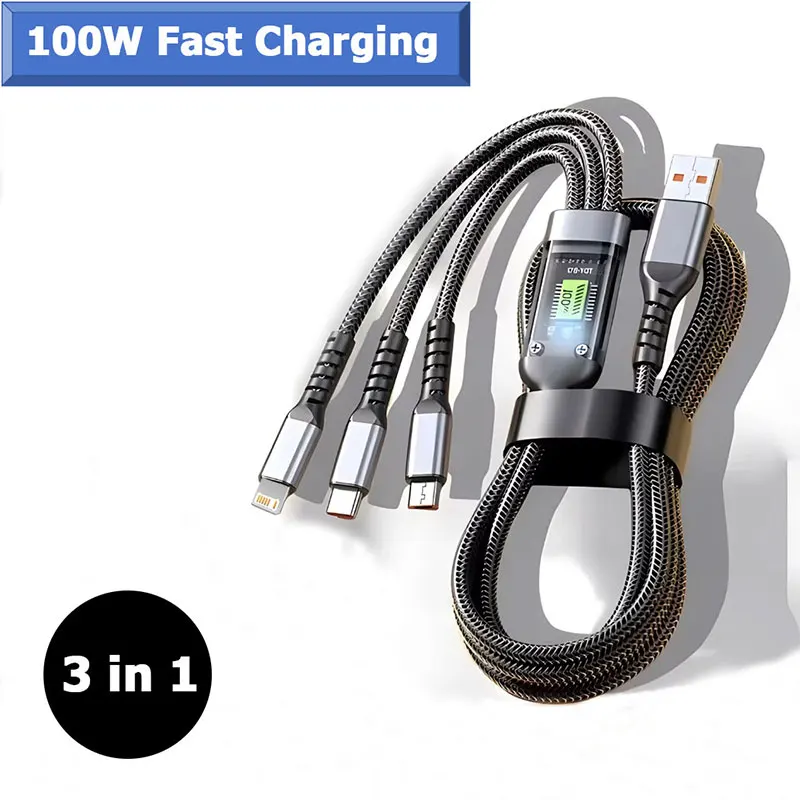 3 In 1 100w Transparent Fast Charging Cable Lightning Type C Micro USB For Iphone Samsung Huawei Xiaomi Tablet Charger Cables