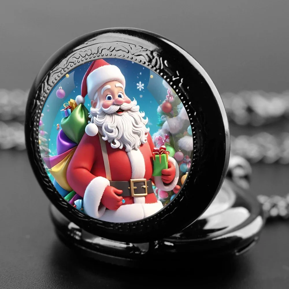ساعة جيب كوارتز على شكل قبة زجاجية لعيد الميلاد سانتا كلوز مع سلسلة متينة ومينا أرقام عربية وهدايا غير عادية للرجال والأطفال