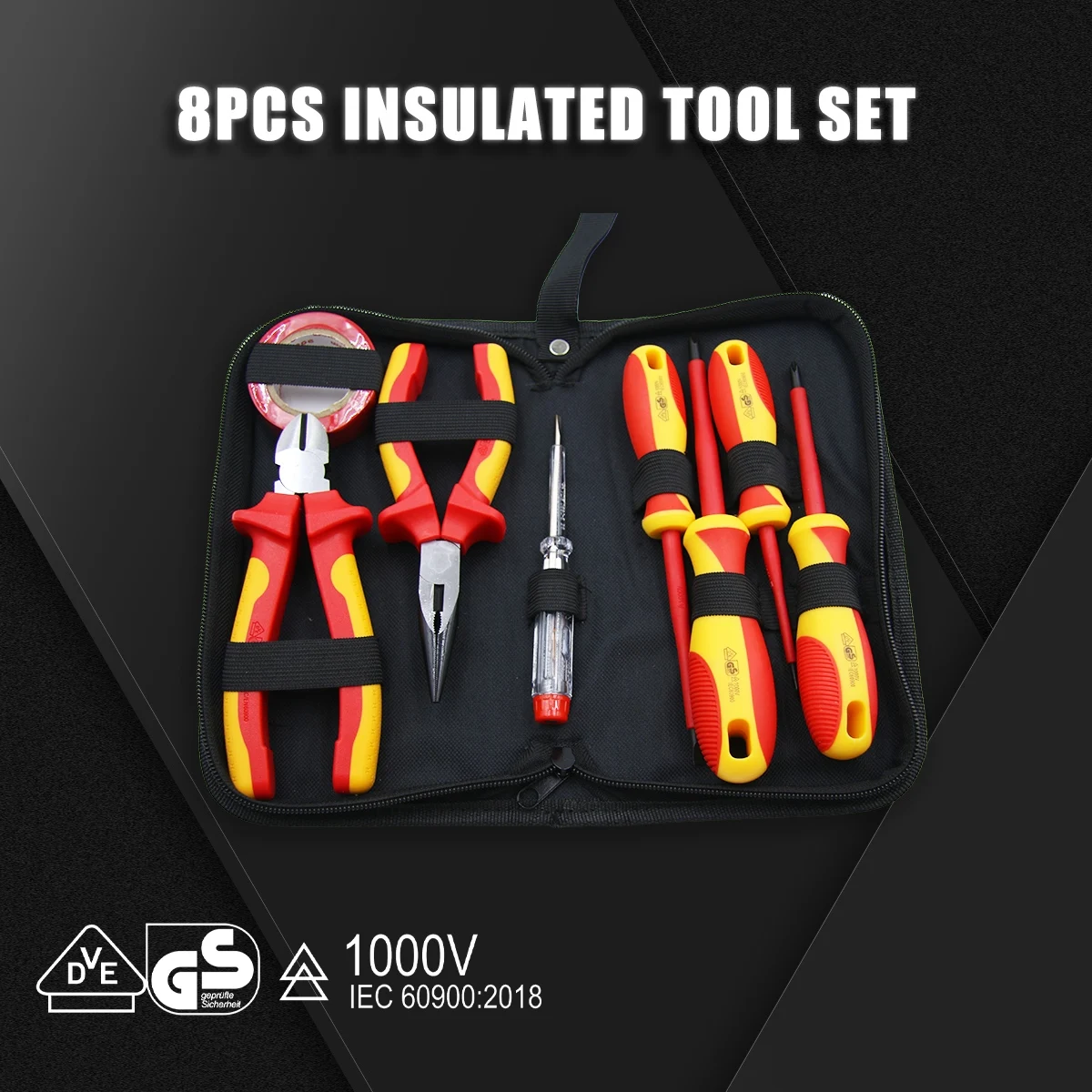 SFREYA S670B-8 8PCS Cloth Bag Insulated Tool Set, Includes Screwdrivers,Pliers,Voltage tester,Insulated Tape for Electrician