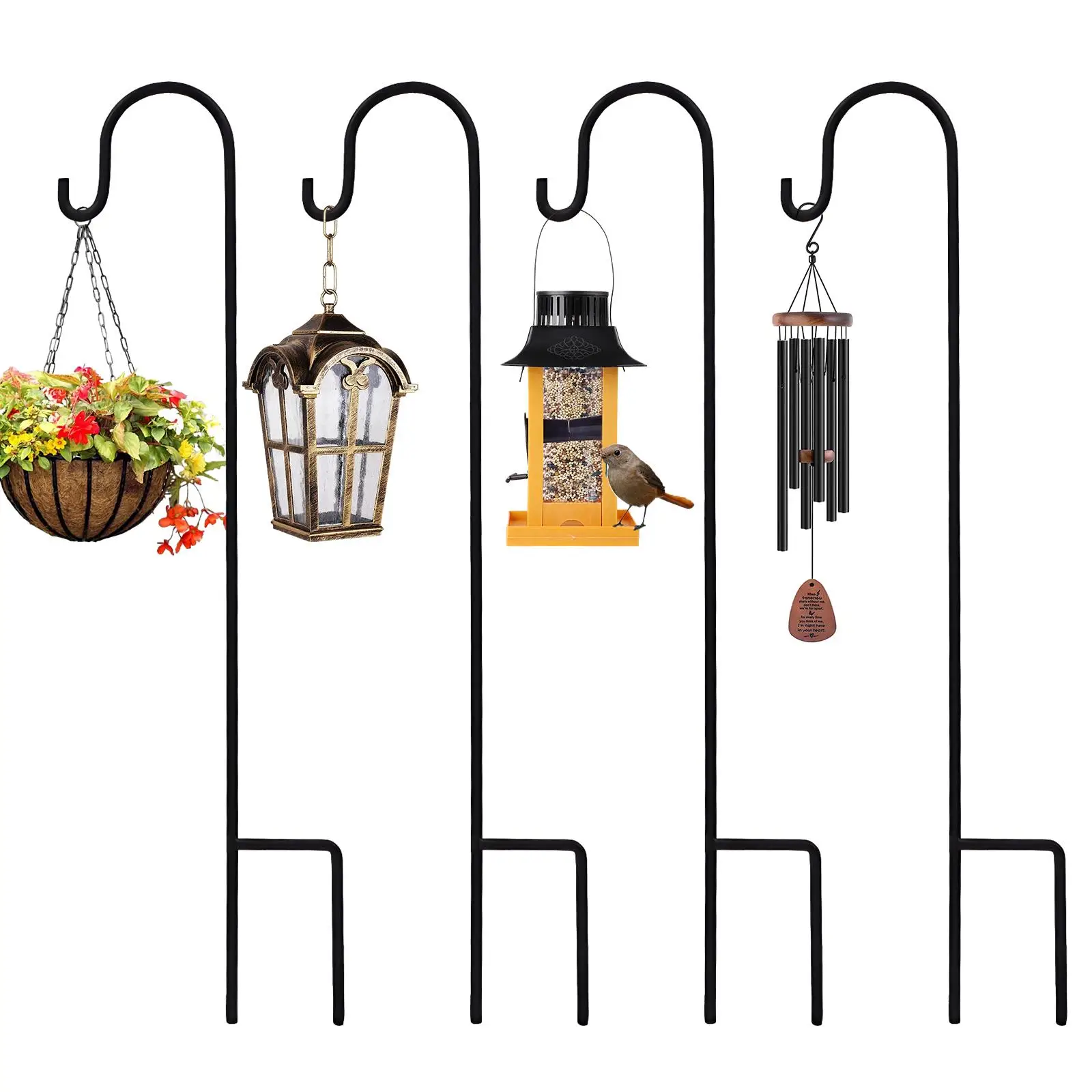 Pack of 4 Garden Metal Hooks 80cm Lantern Holder Garden Attachment Hooks Removable Garden Stake for Plants Birds Feeders Solar