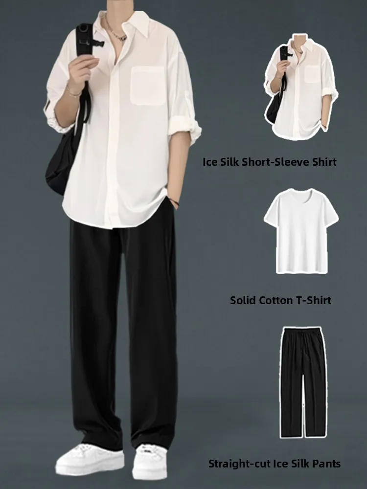 

White Ice Silk Drape ort Sve irt Men's Summer Faionable Seven Sve Sun Protection Outerwear Polyester Fiber Loose Fit