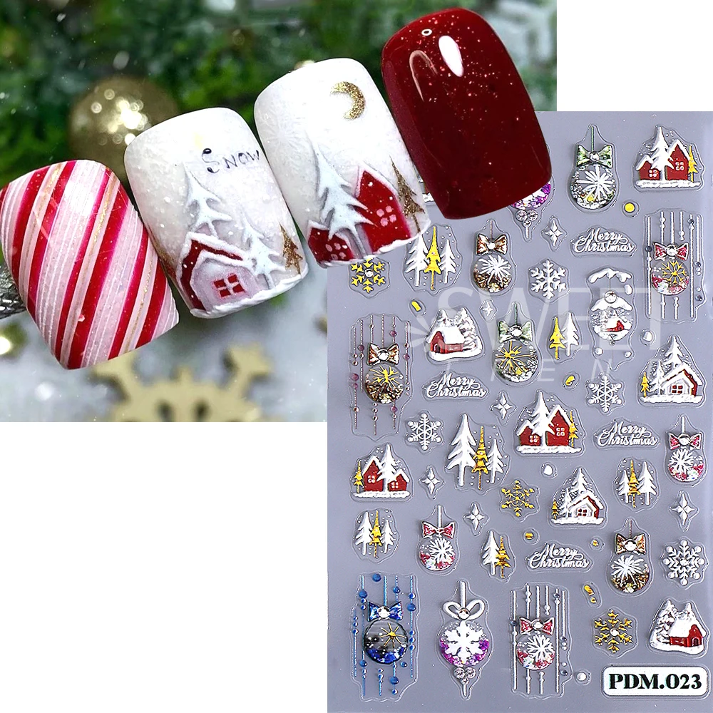 5D en relieve Navidad bola de nieve pegatinas para decoración de uñas autoadhesivas copo de nieve estrella calcomanías para uñas manicura DIY decoración suministros para uñas