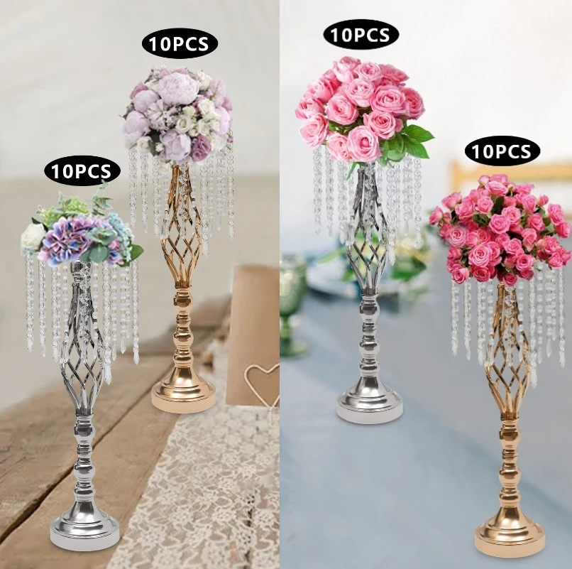 10pcs Crystal Flower Stand Wedding Centerpiece Crystal Metal Flower Vase for Reception Tables Wedding Supplies Gold/Silver