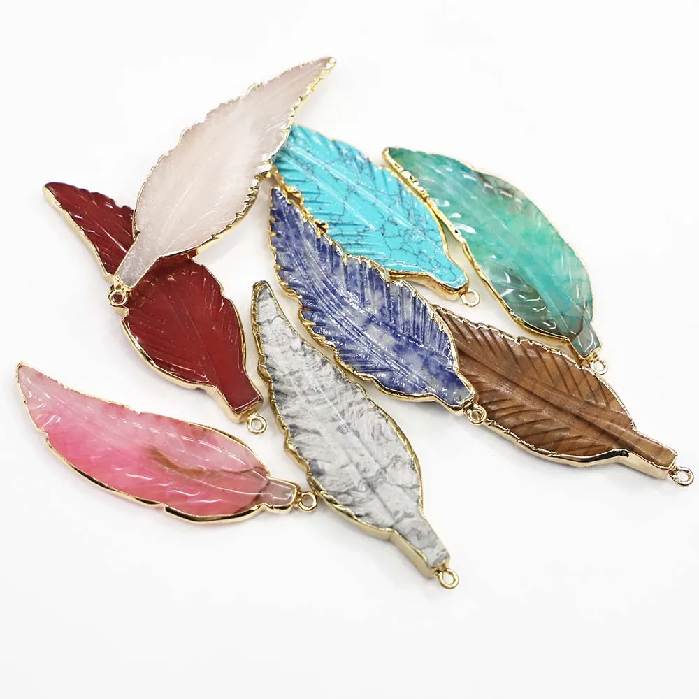 

Natural Stone Multicolor Leaf Feather Shape Pendant Sweater Chain Stylish Charms DIY Jewelry Necklace Accessories Wholesale 4Pcs