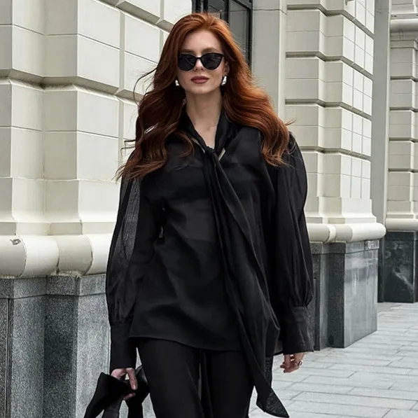 

Черная осенняя женская рубашка с v-образным вырезом на шнуровке, пуловер с длинными рукавами, блузка для женщин, дышащая универсальная женская рубашка для поездок на работу