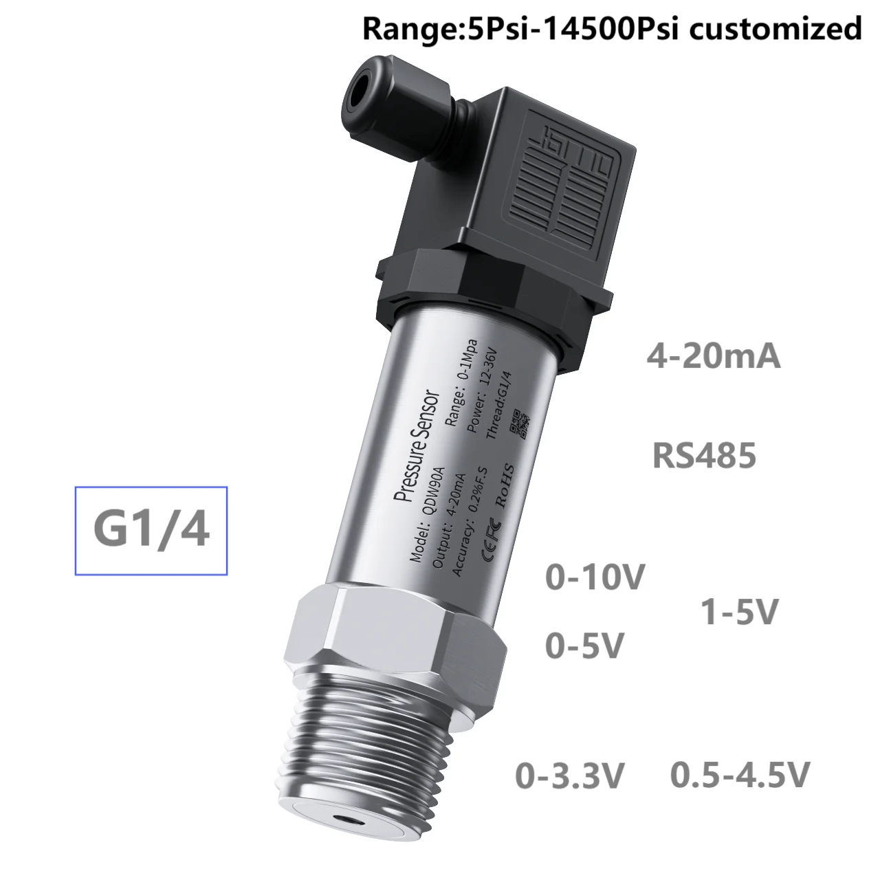 

G1/4 Pressure Sensor Transmitter 0-10psi 0-300Psi 0-1000Psi to 0-10V 0-3.3V Pressure Trasnducer 4-20mA RS485 Pressure Sensor