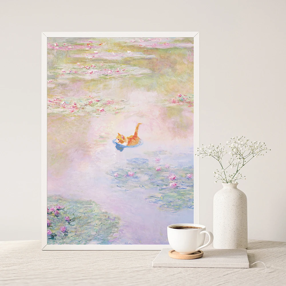 Claude Monet Water Lily Pond Cat Funny Posters Orange Cat Floral Prints Vintage Canvas Painting Wall Art Home Decor No Frame