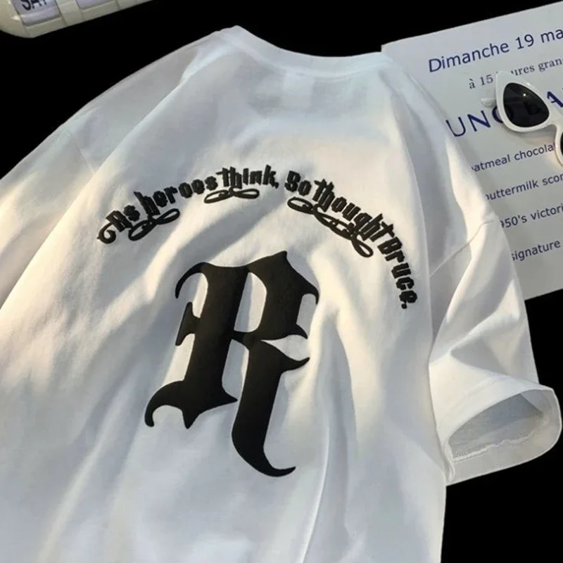 하이 스트리트 빈티지 레터 프린트 오버사이즈 티셔츠, 하이 퀄리티 코튼 반팔 Y2K 상의, 하라주쿠 루즈 티셔츠, 커플 신상