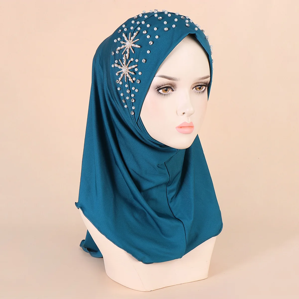 2024 Summer Muslim Clothing Middle Eastern Hijab Solid Color Beads Comfortable Breathable Pullover Hijab