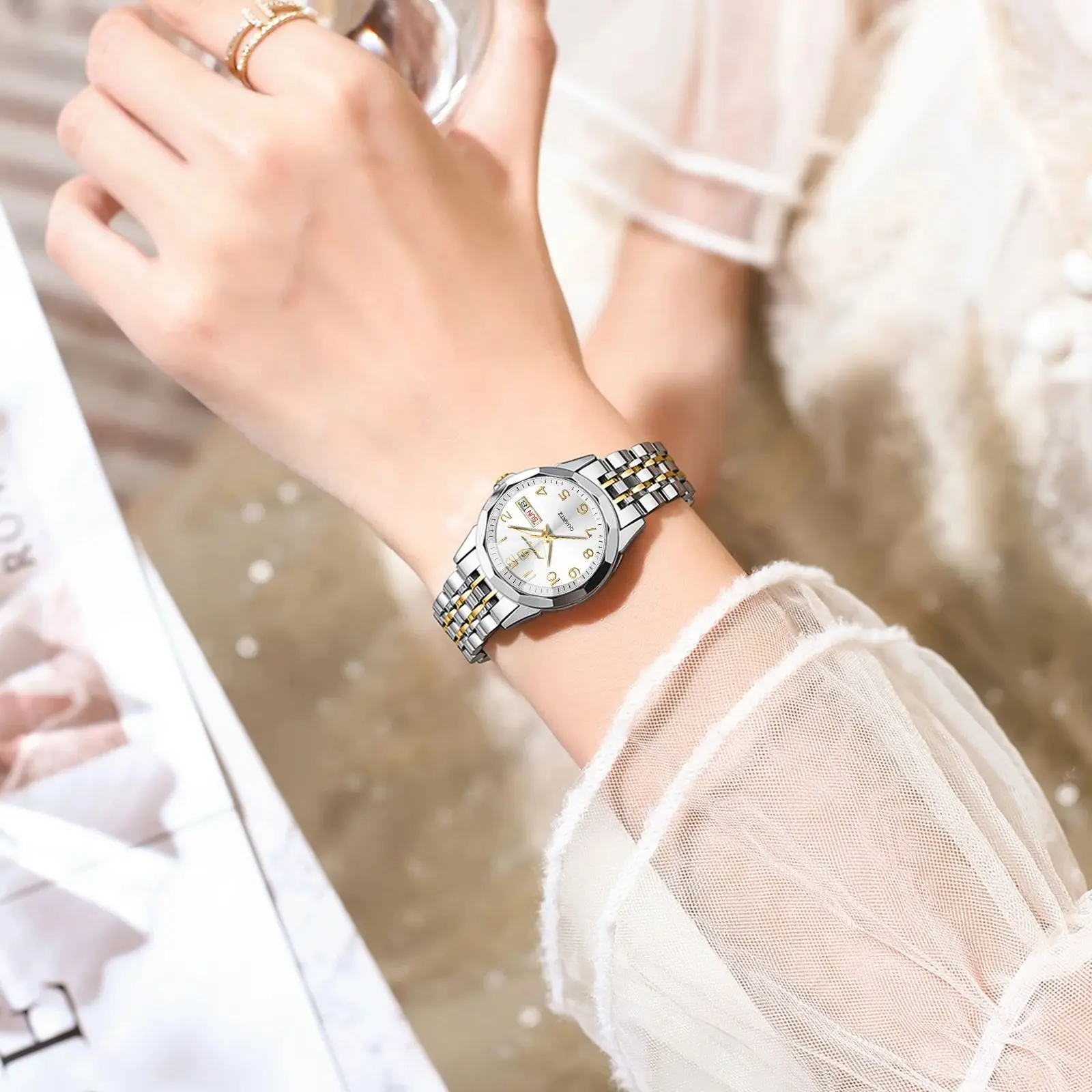 POEDAGAR Elegant Quartz Ladies Wristwatch Waterproof Luminous Date Week Woman Watch Stainless Steel Casual Women's Watches reloj