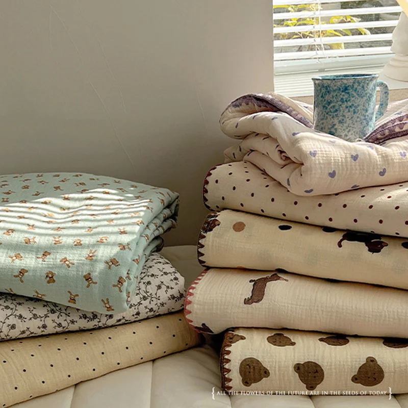 Pure Cotton Double-layer Yarn Blanket Ins Cartoon Teddy Bear Air Conditioning Quilt Travel Shawl Summer Bedcover Home Bedding
