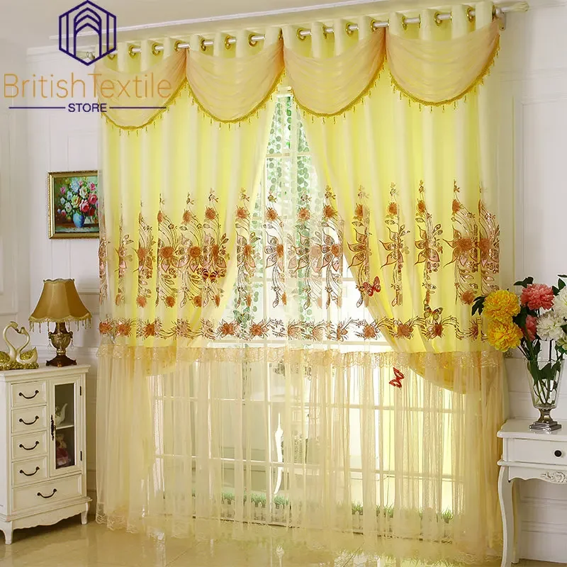 

Korean Curtains for Living Dining Room Bedroom Warm Yellow Pink Purple Fresh Wedding Room Princess Double-layer Window Screen