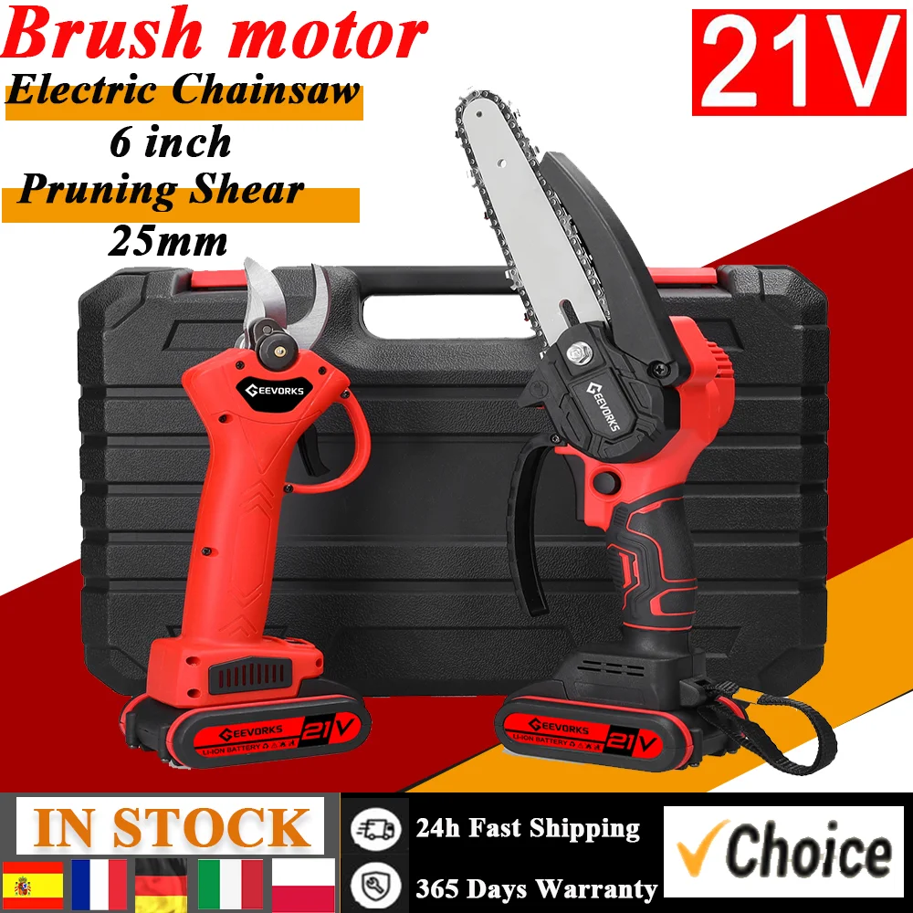 21V 6inch Electric Chainsaw and 25mm Cordless Pruning Shear Set Wood Splitting Cutting Machine Kit Handheld Woodworking Tool