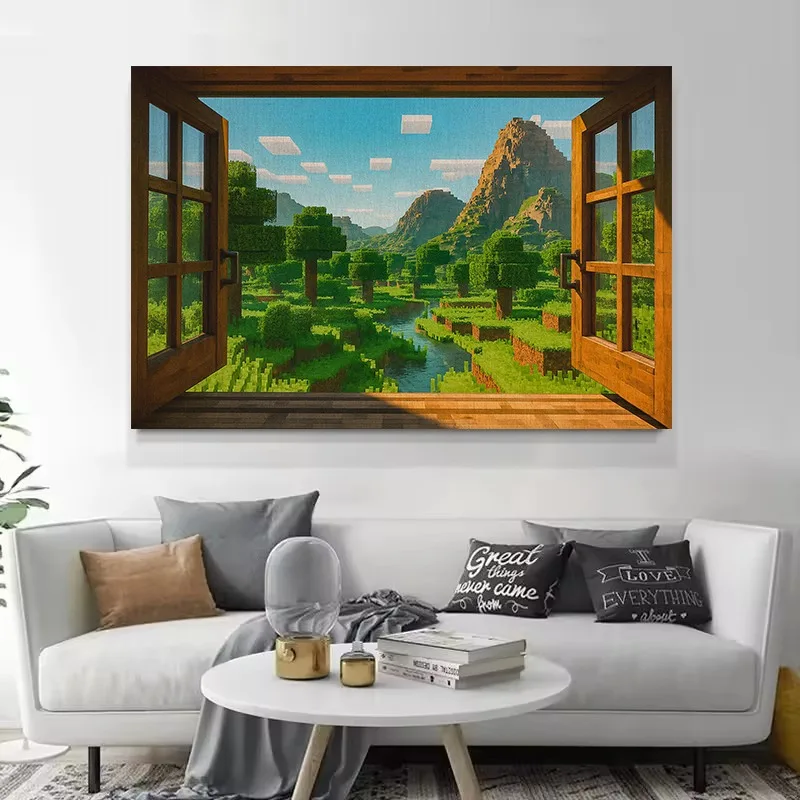 Window View Steve Anime Pixel World Sandbox Video Game Poster Canvas Painting Wall Art Pictures Home Gaming Room Decor