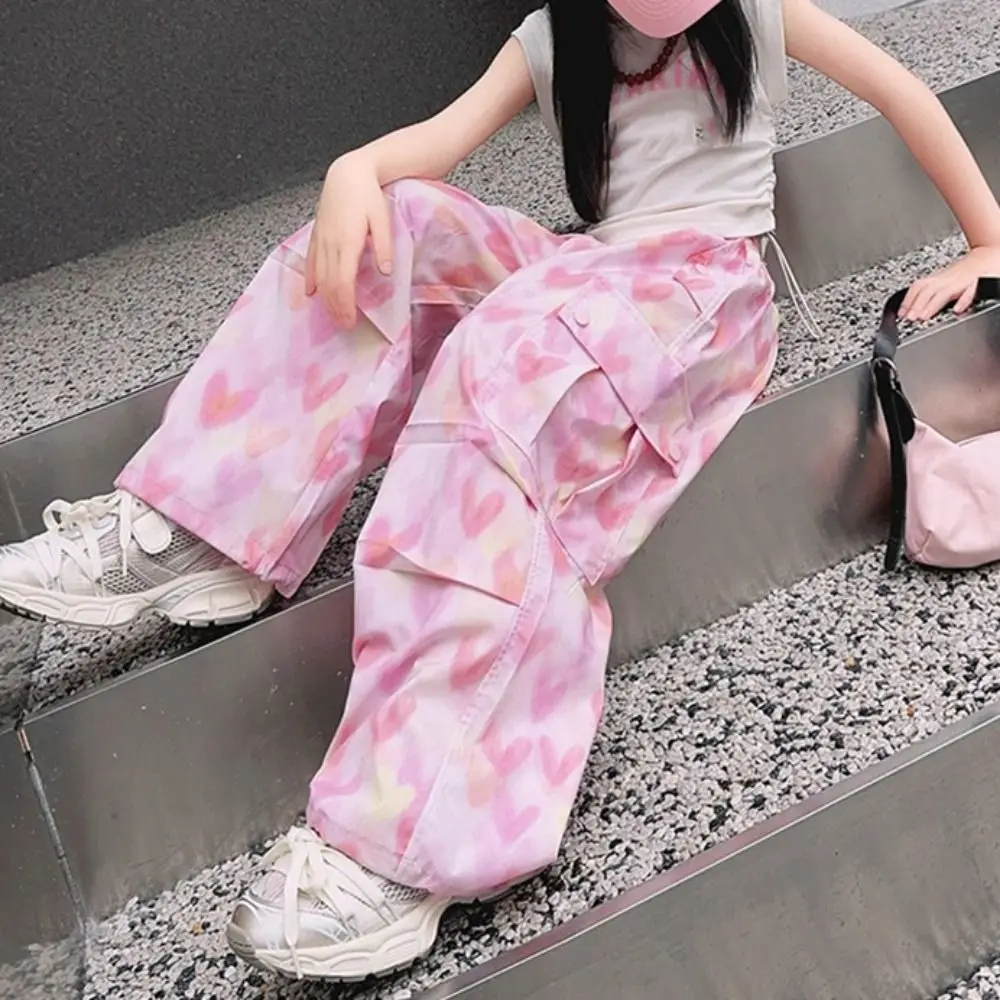 

Multi Pockets Baggy Cargo Pants Joggers Trousers Y2k Wide Leg Pants Drawstring High Waist Heart Printing Pants Girl Children