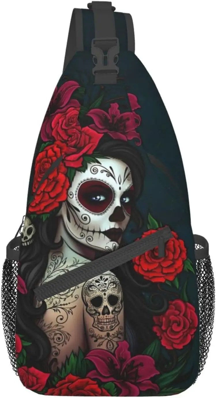 Sugar Skull Rose Crossbody Backpack for Travel Hiking Chest Daypack Shoulder Sling Bag for Men Women Cycling Walking