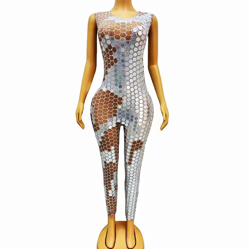 

Silver Mirror Rhinestones Jumpsuit Women Drag Queen Costume Sleeveless Tight Fitting Leotard Party Performance Rave Outfit