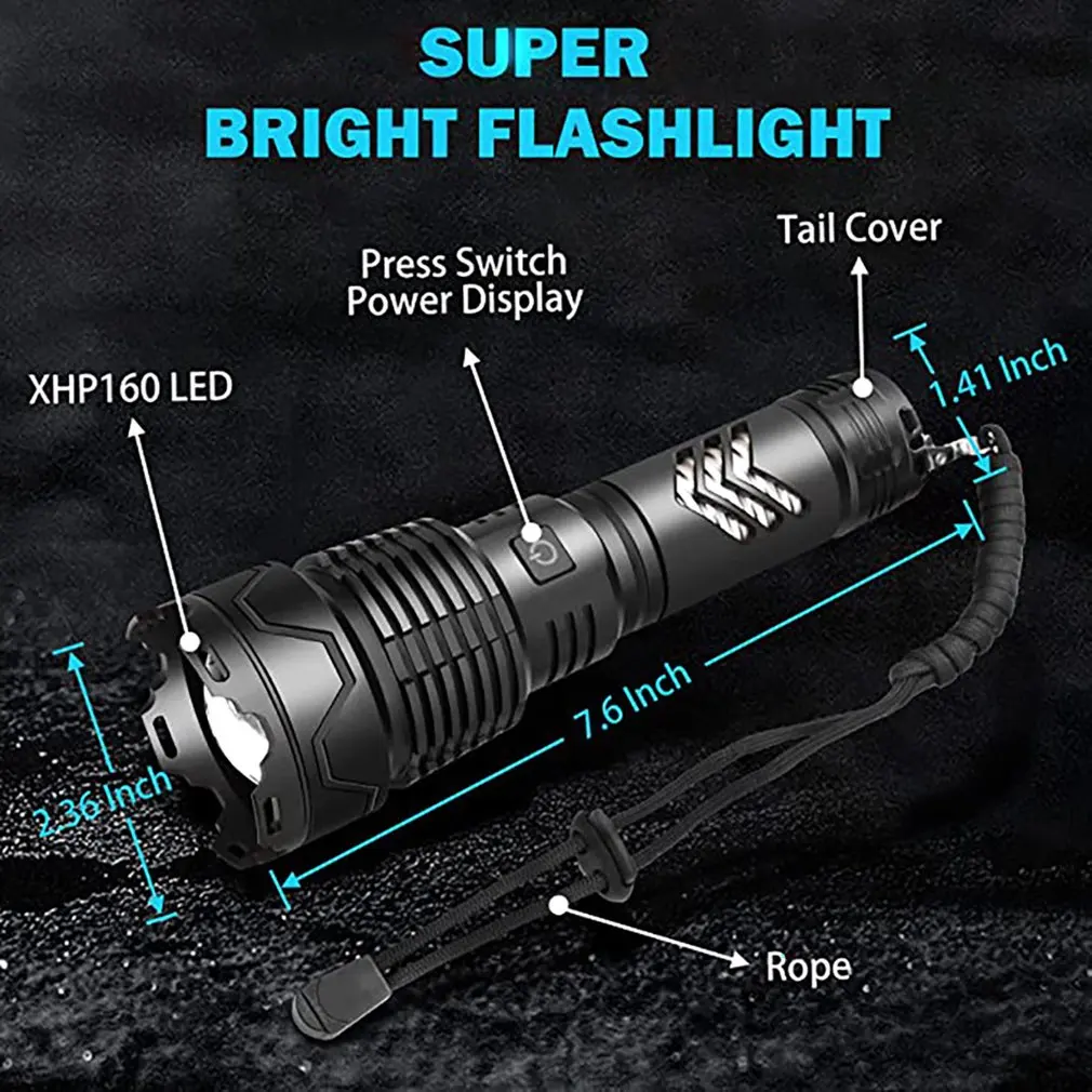 Novo led recarregável xhp160 lanterna de alumínio handheld luz forte tipo c zoom tocha tático lanterna 5000mah dropshipping