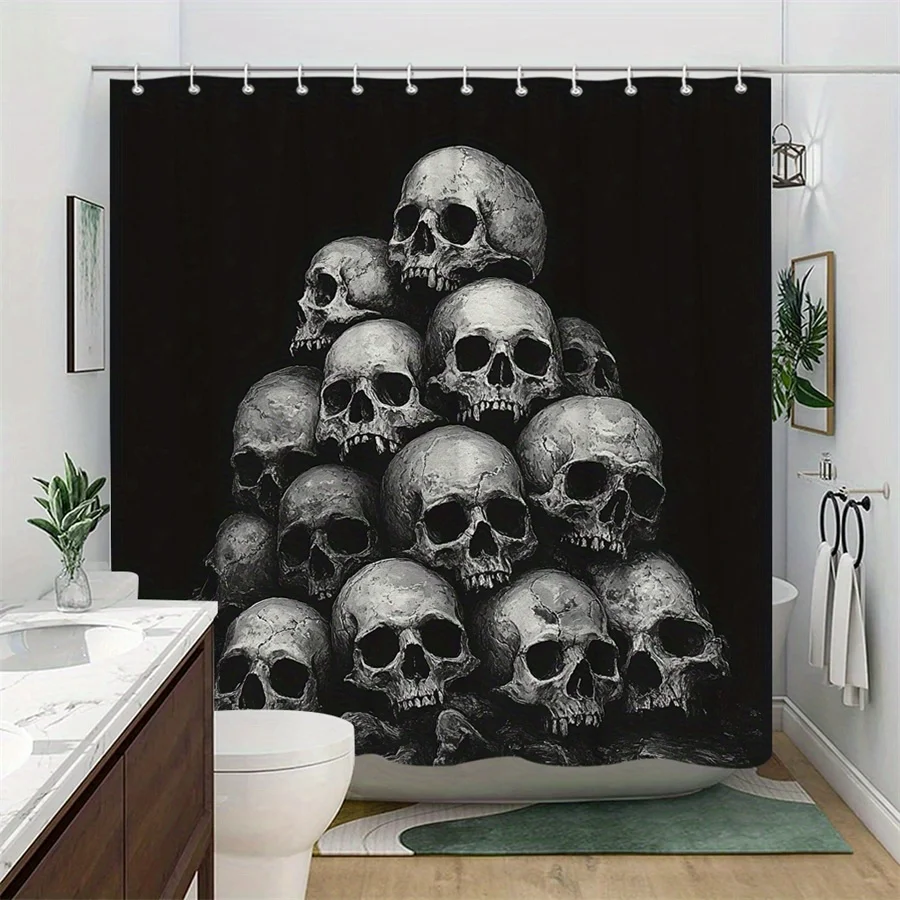 Skull Pyramid Shower Curtain - Black & White Skull Stack Design on Solid Black Background, Durable Polyester Fabric