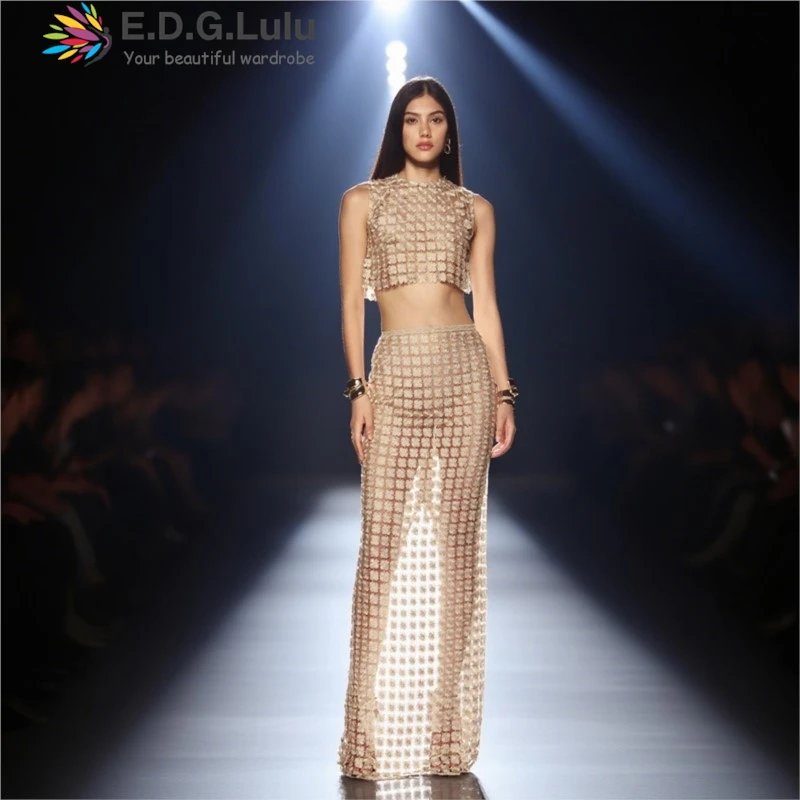 

EDGLuLu Sexy Round Neck Sleeveless Crop Top+High Waisted Long Skirt Sexy See Through Plaid Print Two-Piece Set 0807
