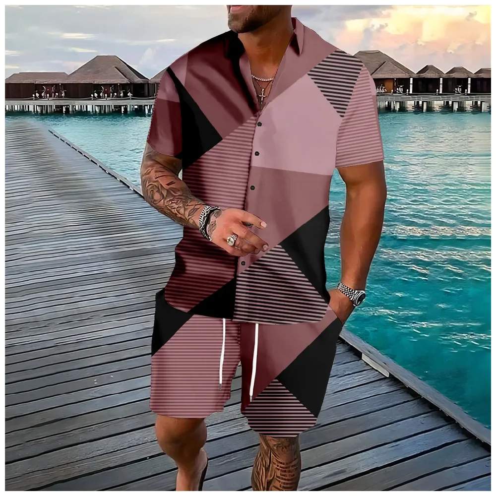 Summer Block Splicing 3D Print Men Shirt Sets Fashion Short Sleeve Shirt Oversized Casual Beach Shorts Streetwear Suits Clothes