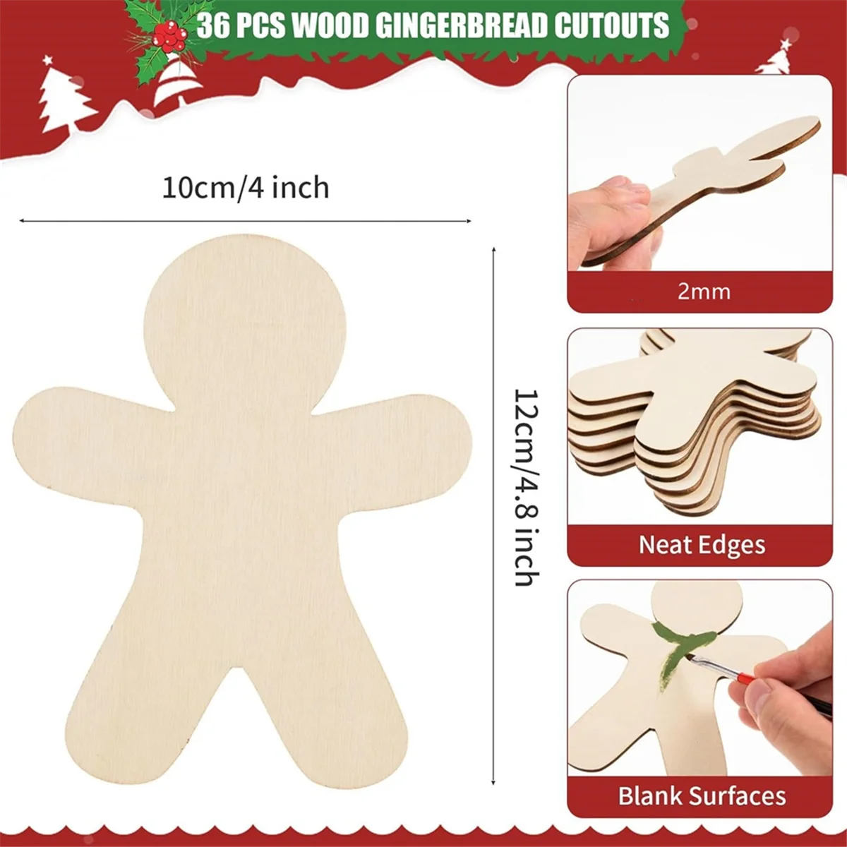 50PCS Unfinished Wood Gingerbread Man Ornaments Cutouts Blank Wood Gingerbread Men Hanging Decor with Twine