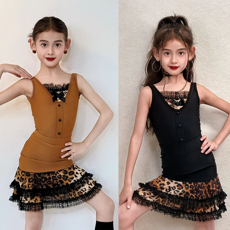 

2026 Summer Kids Competition Dancing Clothes For Girls Sleeveless Latin Dance Leopard Dresses Stage Performance Wear SL15261