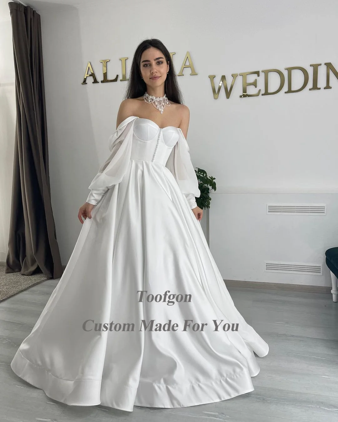 Toofgon A Line Satijnen Trouwjurken Chiffon Lange Mouwen Veterparels Bruid Bruidsjurken Feestjurk Robe De Mariée