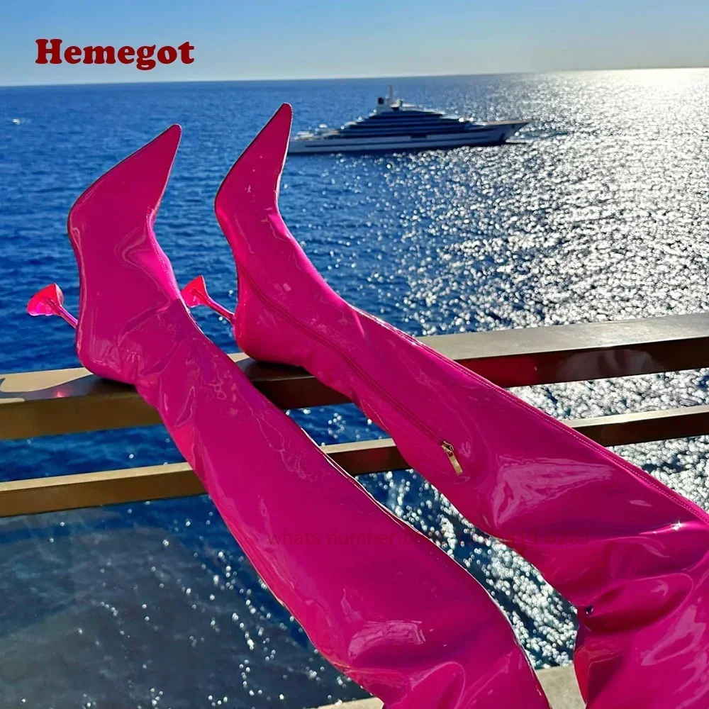 

Блестящие женские сапоги из лакированной кожи с острым носком и боковой молнией, пурпурные Винные ботинки выше колена, зимняя подиумная обувь, привлекательные