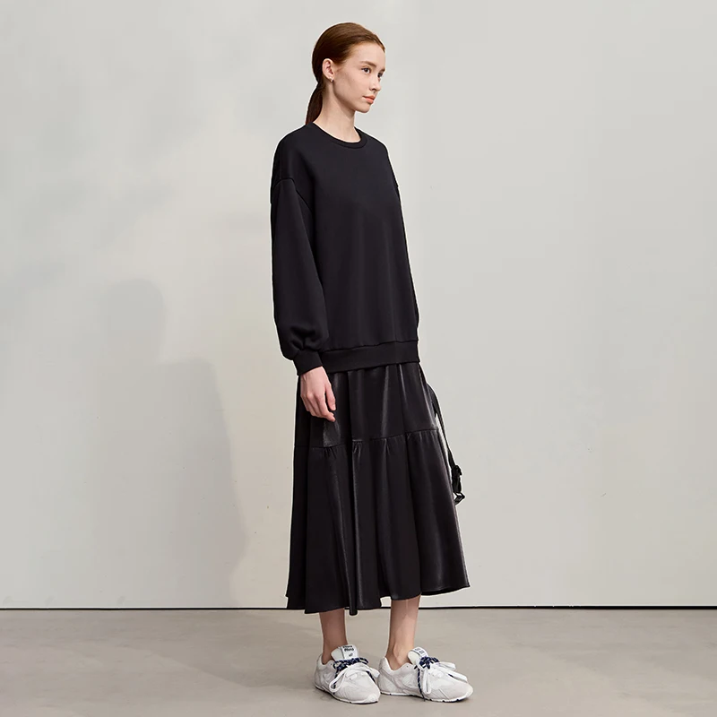 Amii Patchwork Damesjurk 2025, Winter Nieuwe Casual Veelzijdige Warme Trui O-hals Losse A-lijn Sweatershirt Jurk Dames 12544123