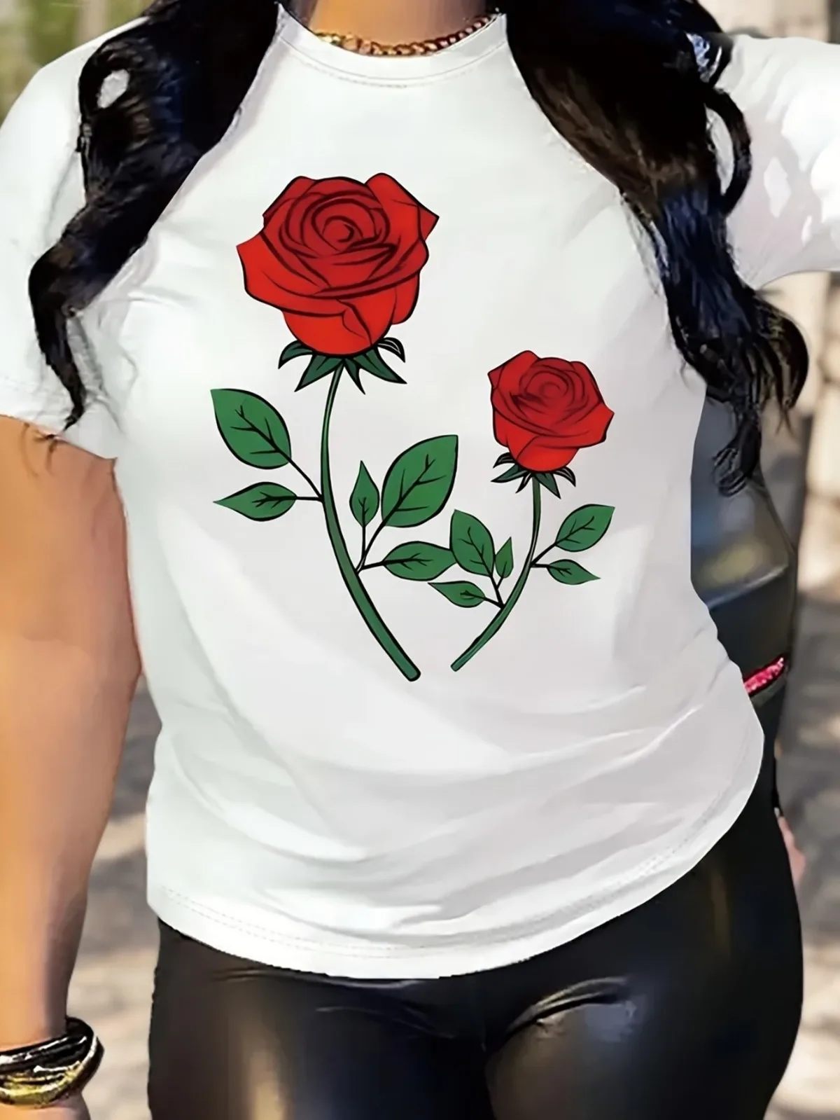 

Женская повседневная футболка из чистого хлопка с модным узором красной розы и круглым вырезом с короткими рукавами, подходящая для вечерние подарочных топов