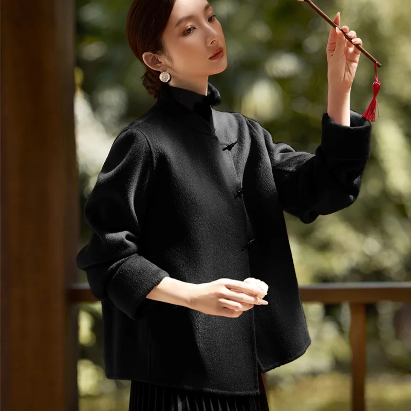 Novo chinês sle ort casaco de lã feminino 2024 outono novo simples faion versátil tamanho pequeno peludo chapéu superior incluído