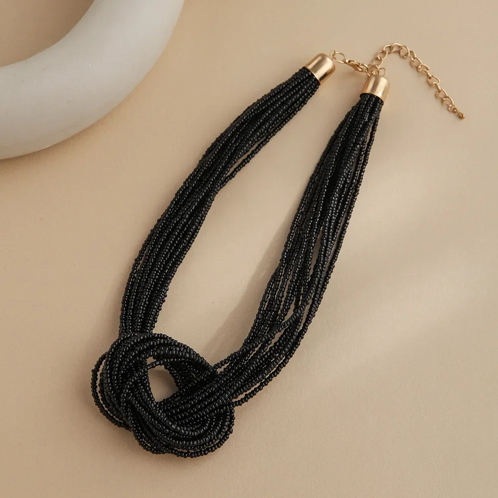 Rice bead necklace Tie a knot originality Hand knitting Bohemia Adjustable Fashion Simple Multilayer Beaded necklace