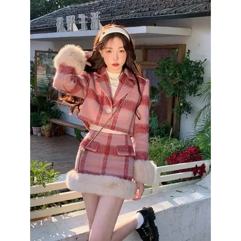 Korean Plaid Plush Patchwork Jacket Skirt Two-piece Set Women Fashion Lapel Temperament Soft Glutinous Slim Winter Suit