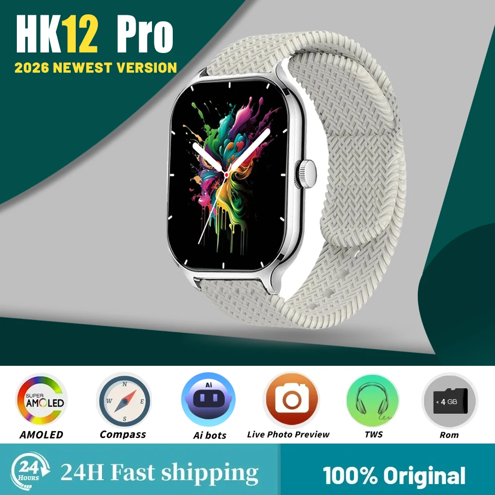 2026 New HK12 Pro Original Smartwatch 4GB Storage WhatsApp Replies AI Robot AMOLED NFC Compass GPS 3D Menu Men's Sports Watch