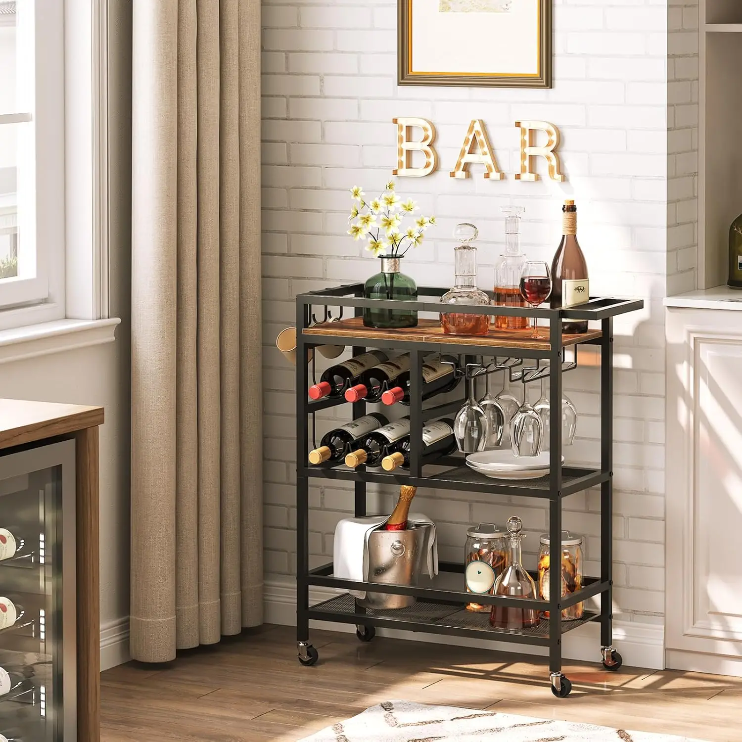 Bar Cart for Home, 3-Tier Serving Cart with Wheels and Handle, Beverage Cart with Wine Rack and Glass Holders