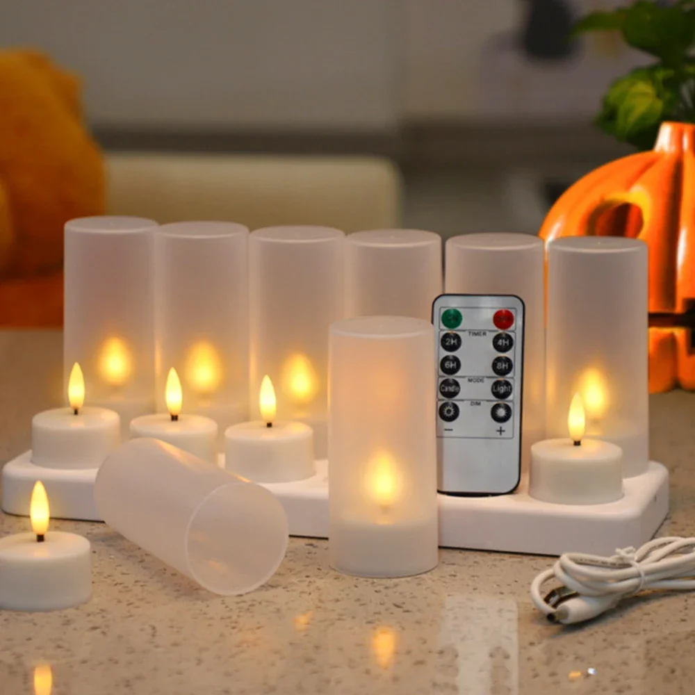 12pcs USB Rechargeable LED Candles Flameless Tea Lights Remote Timer Flickering Electric Candle Halloween Christmas Decoration