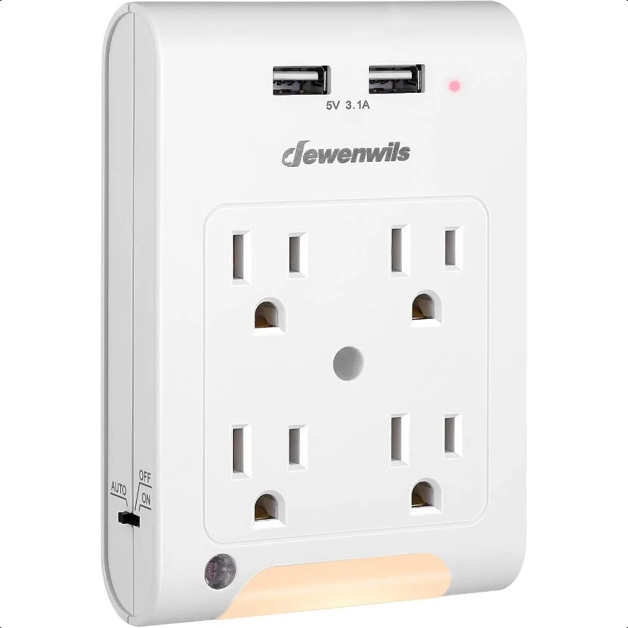 

Удлинитель с 4 розетками, адаптер для настенной розетки с 2 USB-портами, 3,1 А, общий датчик освещенности, ночник, 1080 дюймов, защита от перенапряжения, ETL Литр