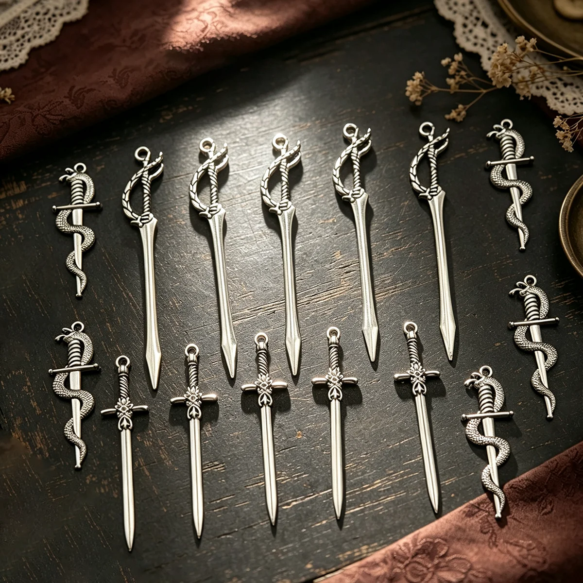 15-Piece Set of Snake-Shaped Sword DIY Handmade Accessories, Including Coiled Snake Cross Short Swords, Rope-Wrapped Long Swords, and Floral Guard Short Swords in Various Designs, Suitable for DIY Bracelets, Necklaces, Earrings, Pendants, and Handmade Beaded Decoration Accessories