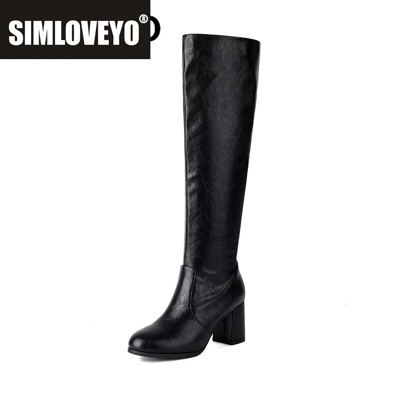 

SIMLOVEYO Классические женские сапоги до колена с круглым носком на блочном каблуке 6,5 см на молнии, большой размер 46 47 48 Винтажные повседневные женские ботильоны для верховой езды