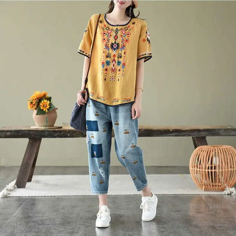 القطن الكتان تي شيرت المرأة العرقية نمط التطريز تي شيرت عادية خمر س الرقبة قصيرة الأكمام بلايز الصيف الاتجاه رقيقة التي شيرت #4