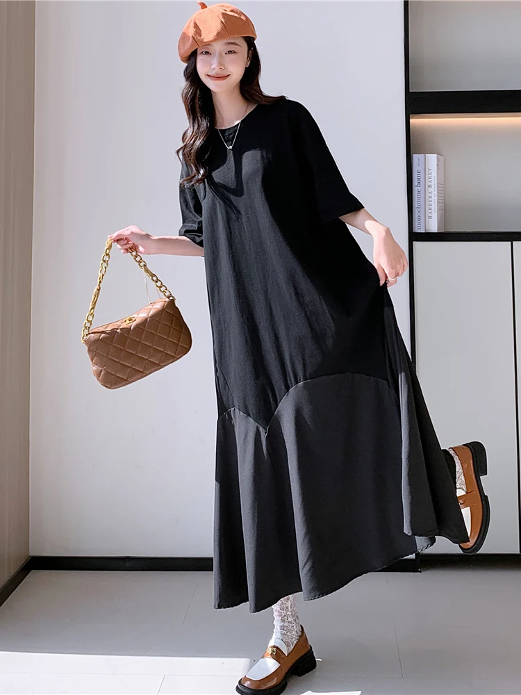 NYFS 2025 فستان صيفي فضفاض حجم كبير غير منتظم هيم فساتين طويلة رداء Elbise كم قصير النمط الكوري فستان امرأة الصلبة #5