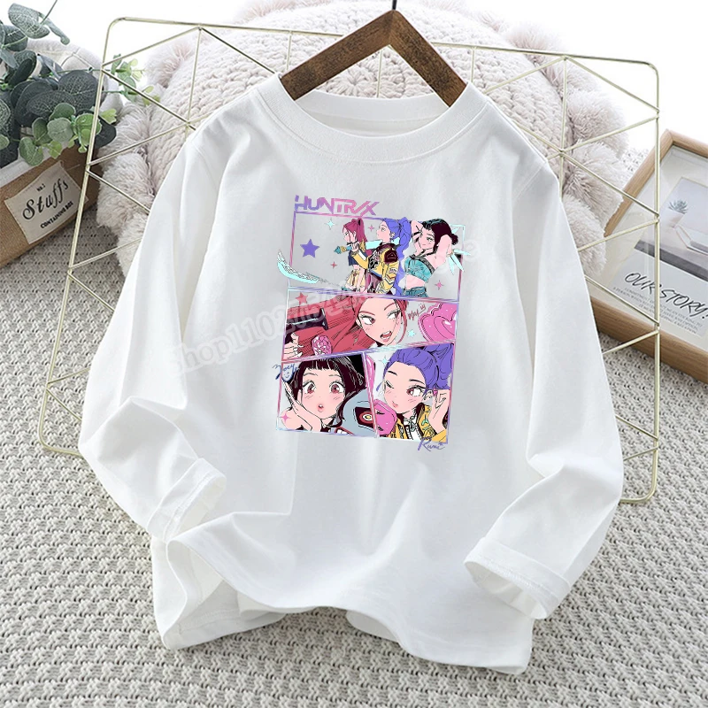 KPop شيطان الصيادين الطفل طويلة الأكمام تي شيرت رومي ميرا زوي طباعة ملابس علوية من القطن الفتيات Kawaii الصيف عادية تيز هدايا عيد الميلاد