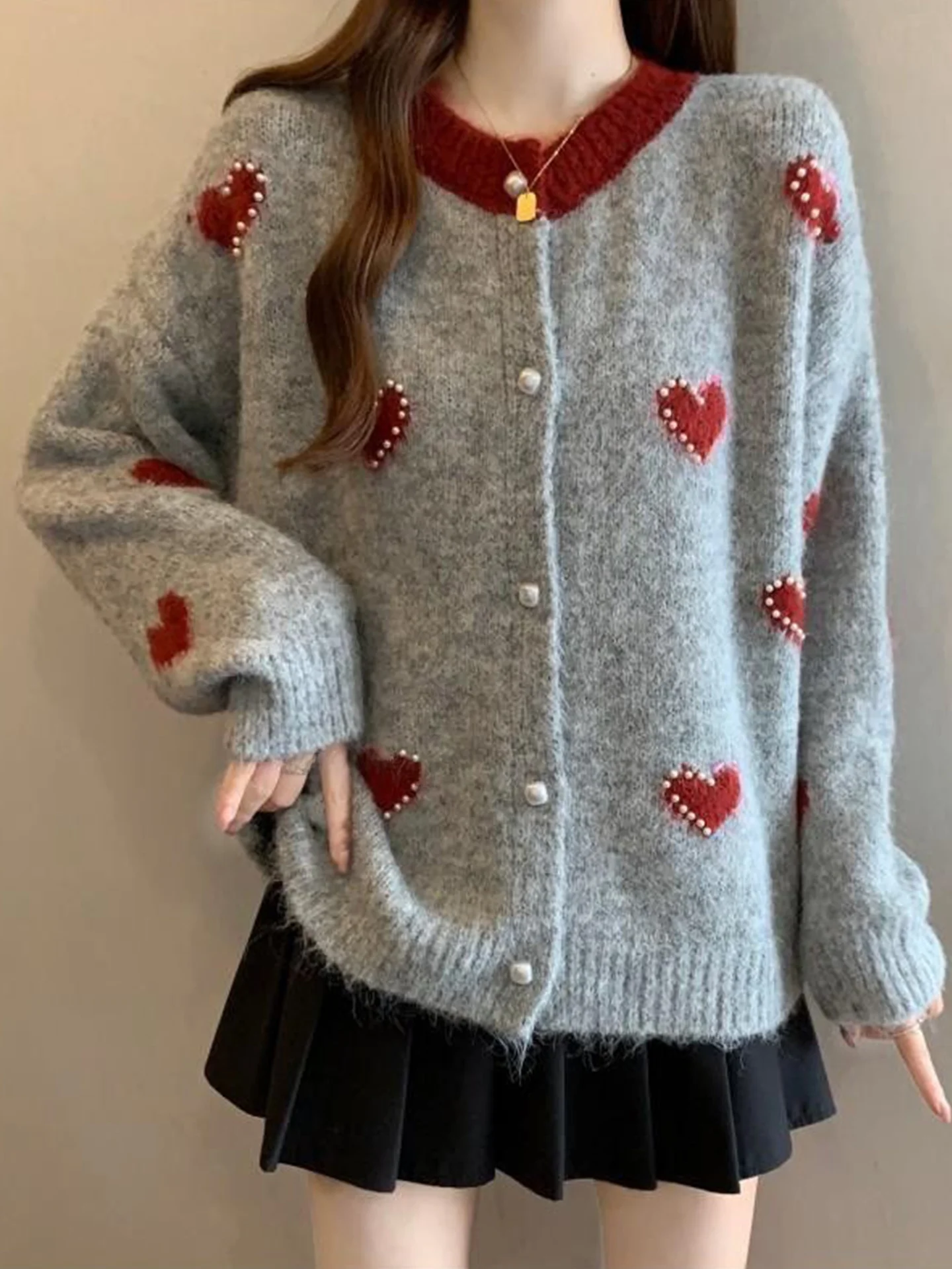

Retro Korean Sle Knitted Cardigan Women's Autumn Winter plus Size Beautiful Embroidered Heart Beaded Sweater Unique And S...