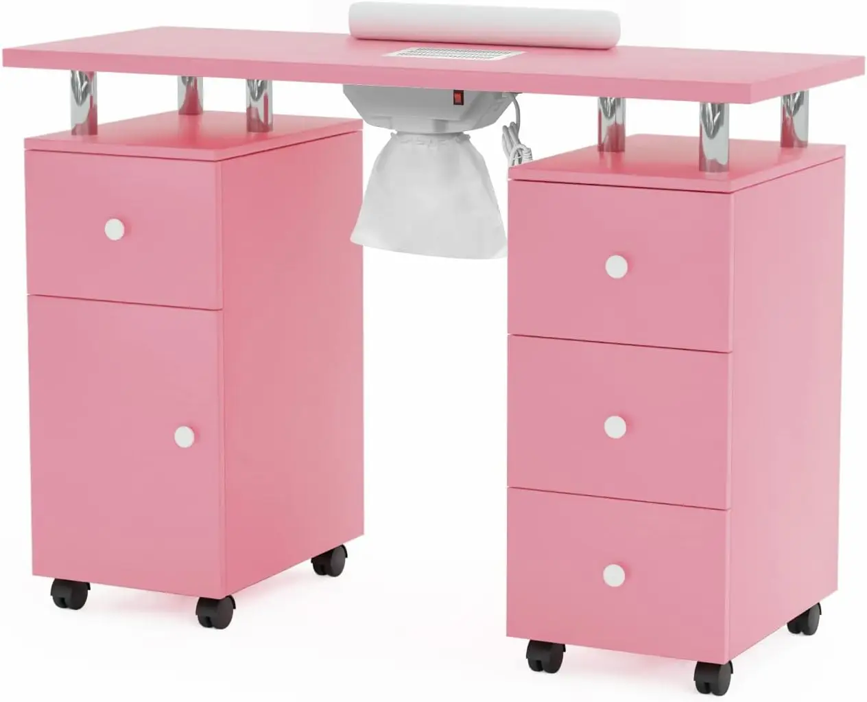 OmySalon Manicure Table Nail Desk for Nail Tech, Electric Dust Collector, Lockable Wheels,Wrist Cushion,4 Drawers&Cabinet